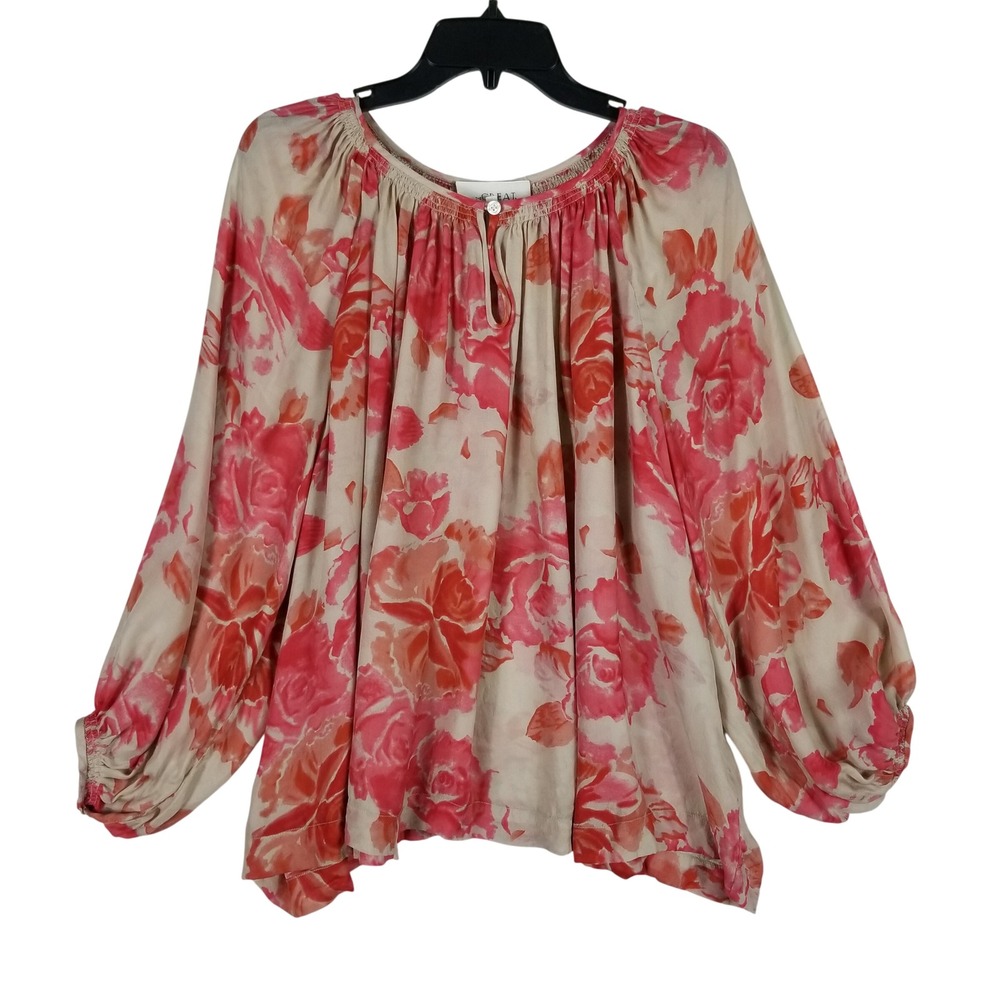 The Great Silk Floral Blouse Women Sz 2 M Pink Orange Balloon Sleeve Boho Top